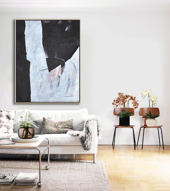 Extra Large 72" Acrylic Painting,Hand-Painted Black And White Minimal Painting On Canvas,Hand Painted Aclylic Painting On Canvas